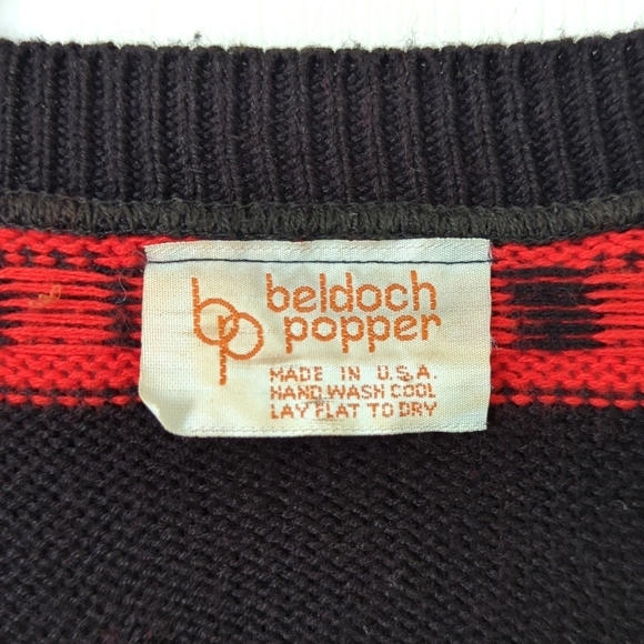 Beldoch Popper 80's Vintage Fair Isle & Pinched Knit Cardigan Sweater Black L - Picture 4 of 9